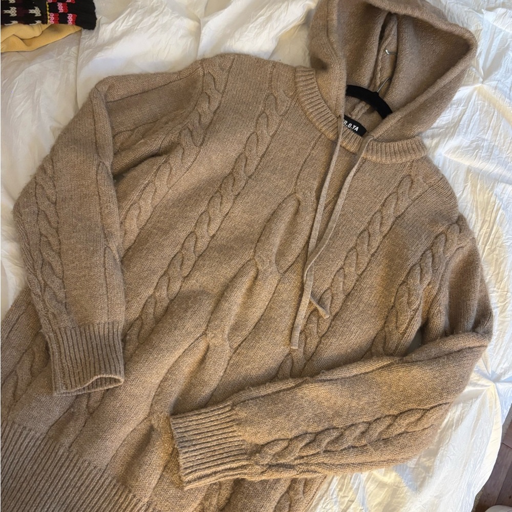 SER.O.YA  Taupe Cable Knit Hoodie Sweater